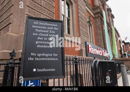 Washington, DC, USA.  4th January, 2019. Sign at closed Renwick Gallery near the White House alerts would-be visitors that all Smithsonian Museums are closed because of the government shutdown.  The zoo and museums had been open during the partial shutdown, which began Dec. 22, but funding ran out Jan. 2. Bob Korn/Alamy Live News Stock Photo