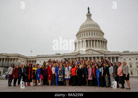 Washington, USA. 4th Jan, 2019. Nancy Pelosi (C, front), the new speaker of the U.S. House of Representatives, poses for a group photo with the female Democratic members of the House of Representatives on Capitol Hill in Washington, DC, the United States, on Jan. 4, 2019. Credit: Ting Shen/Xinhua/Alamy Live News Stock Photo