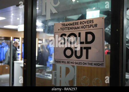 Birkenhead, UK. 4th January, 2019. Signs in Tranmere's Club Shop advise that the FA Cup tie between Tranmere and Tottenham is sold out during the FA Cup Third Round match between Tranmere Rovers and Tottenham Hotspur at Prenton Park on January 4th 2019 in Birkenhead, England. Credit: PHC Images/Alamy Live News
