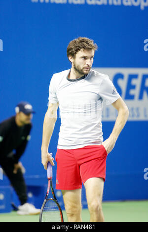 Pune, India. 4th January 2019. Gilles Simon of France in action in the second semi-final of the singles competition at Tata Open Maharashtra ATP Tennis tournament in Pune, India. Credit: Karunesh Johri/Alamy Live News Stock Photo