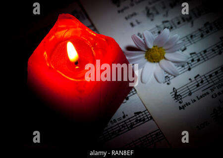 Flower Daisy Music Notes Sheets and Candle Light Stock Photo