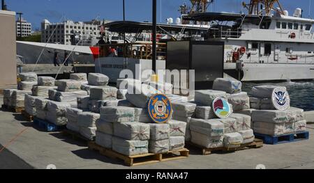 The Coast Guard offloaded Feb. 27, 2017 approximately 4.2 tons of seized cocaine, worth an estimated $125 million in wholesale value, at Coast Guard Sector San Juan. The crew of the Coast Guard Cutter Joseph Napier seized the contraband and apprehended four Guyanese smugglers following the interdiction of the 70-foot fishing vessel, Lady Michelle, in international waters north of Paramaribo, Suriname Feb. 16, 2017. (DEA Stock Photo