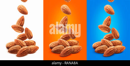 Falling almond nuts isolated on white background Stock Photo