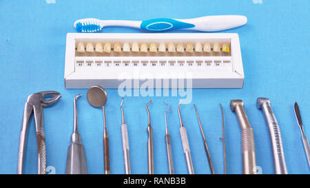 Dentist tools. Teethcare, dental health concept. Blue background top view copy space. Stock Photo