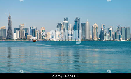 Daytime Skyline view of West Bay business district from The Corniche in Doha, Qatar Stock Photo