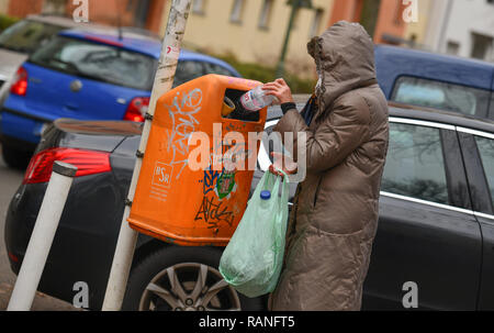 Bottle collector garbage can, Flaschensammlerin Muelleimer Stock Photo