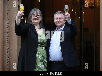 Frances Connolly, 52, and Patrick Connolly, 54, from Moira in Northern Ireland, who scooped a £115 million EuroMillions jackpot in the New Year's Day lottery draw, during a photocall at the Culloden Estate and Spa in Holywood, Belfast, as they announce their win. Stock Photo