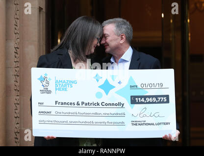 Frances Connolly, 52, and Patrick Connolly, 54, from Moira in Northern Ireland, who scooped a £115 million EuroMillions jackpot in the New Year's Day lottery draw, during a photocall at the Culloden Estate and Spa in Holywood, Belfast, as they announce their win. Stock Photo