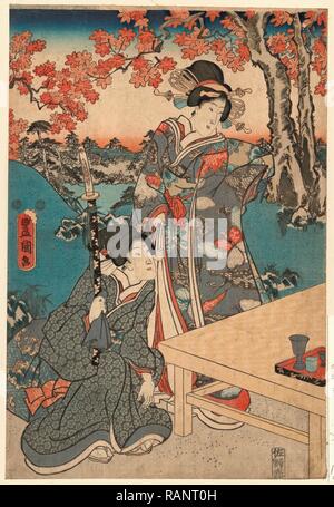 Momijigari No Himegimi, Court Ladies Gathering Maple Leaves. [Between 1848 and 1854], 1 Print: Woodcut, Color, 36 X reimagined Stock Photo
