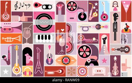 Music pop-art vector illustration. Musical poster design with many different elements. Can be used as seamless background. Stock Vector