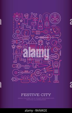 Neon colors on a dark violet background Festive city vector illustration. People took to the streets to celebrate, drink cocktails and have fun. Stock Vector