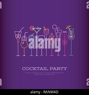 Neon colors on a dark violet background Cocktail Party vector poster template design. Ten different cocktail glasses and Cocktail Party text. Stock Vector