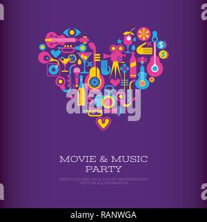 Vibrant colors on a dark violet background Movie & Music Party vector poster template. Heart shape design. Stock Vector