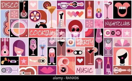 Disco party vector illustration. Pop art collage with many different images and elements. Stock Vector