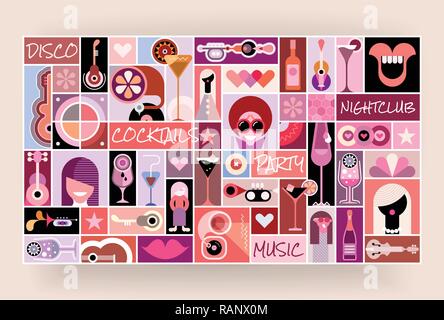 Disco party vector illustration. Pop art collage with many different images and elements. Stock Vector