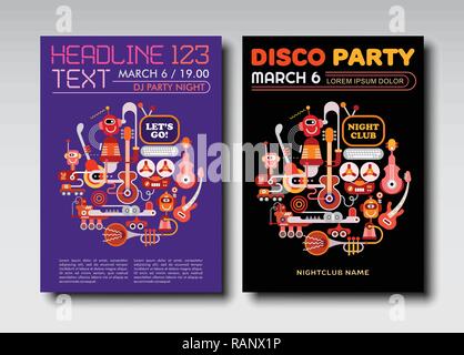 Two options of Disco Party poster mock up, flyer design, size A4. Funny DJ robots playing musical instruments. Stock Vector