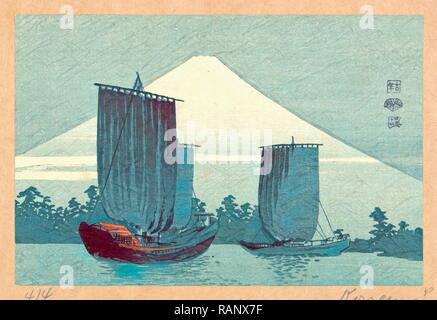 Fuji Ni Hansen, Sailboats and Mount Fuji. [Between 1900 and 1920], 1 Print: Woodcut, Color, 11.9 X 18.0, Print Shows reimagined Stock Photo