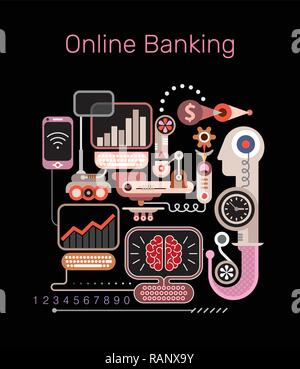 Colorful design on a black background Online Banking vector illustration. Concept design with computers and mobile phones connected to network. Stock Vector