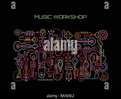 Music Workshop abstract art vector illustration. Neon colors silhouettes isolated on a black background. Stock Vector