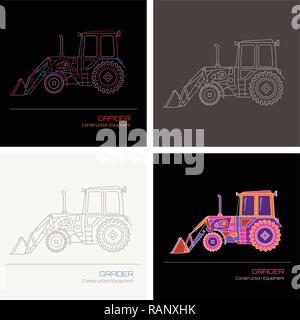 The Grader (Construction Equipment). Four options of the line art vector illustration. Stock Vector