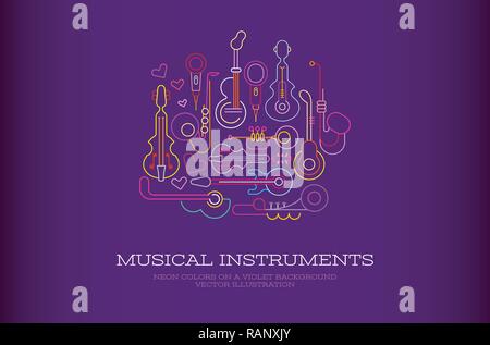 Neon colors on a dark violet background Musical Instruments Design vector illustration. Stock Vector