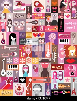 Music People vector illustration. Pop art collage with many different images. Stock Vector