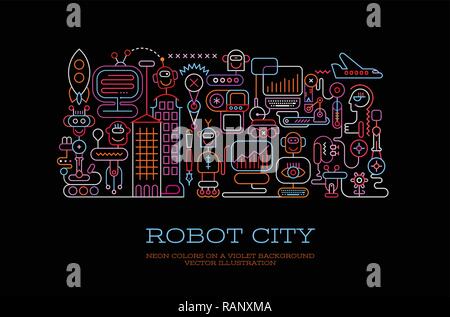 Neon colors on a black background Robot City vector illustration. Banner template design. Stock Vector