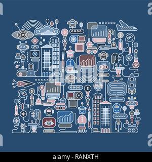 Colorful isolated on a blue background Robot City vector illustration.     Welcome to the future, were funny robots will do all the boring job. Stock Vector