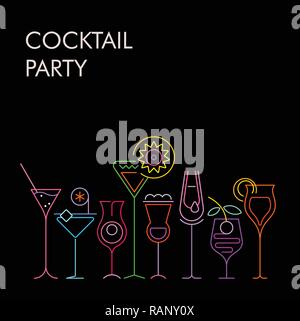 Neon colors isolated on a black background Cocktails vector background. Eight various cocktail glasses and Cocktail Party text. Stock Vector