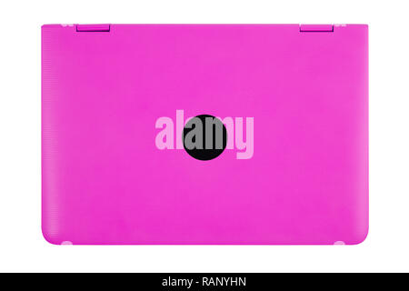 Closed pink laptop on white background Stock Photo
