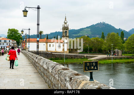 Ponte de Lima, Portugal - May 1, 2018 : Ponte de Lima is characterized by its medieval architecture and the surrounding area, bathed by the Rio Lima.  Stock Photo