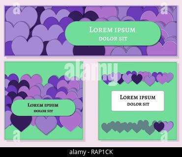 set banner Template with violet hearts. For media, print, flyer. decoration magazine, booklet, cover, poster design, web Green and violet. Vector Illustration Stock Vector