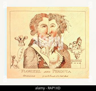Florizel and Perdita, en sanguine engraving 1780s, a bust portrait divided vertically by a line down the center of reimagined Stock Photo