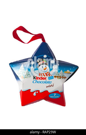 Star shaped box of Kinder chocolate mini 7 mini bars isolated on white background - hanging packaging snowman festive design for Christmas Stock Photo