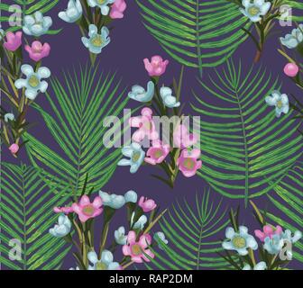 Beautiful vector floral magenta pattern with pink and blue wax flowers and leaves of the areca. Suitable for wallpaper, fabrics, textiles, background Stock Vector