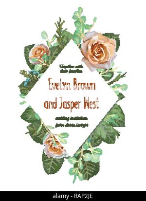 Floral Wedding Invitation elegant invite card vector Design: garden flower creamy Rose,  waxflower, green Eucalyptus tender greenery,  diamond-shaped  Stock Vector