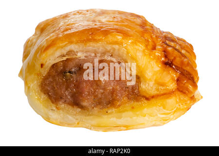 Home baked sausage roll brushed with egg and isolated on a white background. Stock Photo