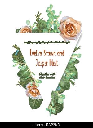 Greeting card with roses waxy flowers and branches of eucalyptus with an triangular border, can be used as invitation card for wedding, birthday and o Stock Vector