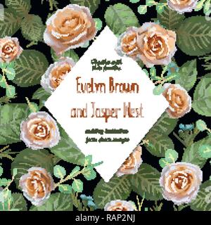 Beautiful pattern for floral watercolor greeting card, wedding invitation. beige pastel roses with wax flowers, green eucalyptus leaves and a diamond- Stock Vector