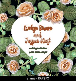 Floral Wedding Invitation elegant invite card vector Design: garden flower pink, peach Rose, blue waxflower green Eucalyptus tender greenery, heart pr Stock Vector