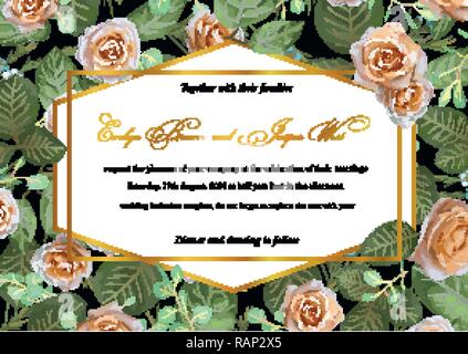 Beautiful designer flower card, wedding invitation, certificate, label, festive menu. Cream roses with leaves, eucalyptus, wax flowers and a golden ge Stock Vector