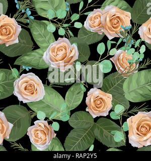 Dark navy vector floral pattern. roses and leaves with eucalyptus branches and blue waxflowers, watercolor vector design. Retro print. All elements ar Stock Vector