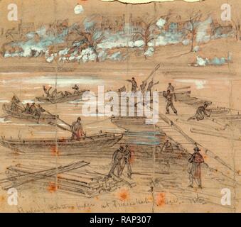 Building pontoon bridges at Fredericksburg Dec. 11th, 1862 December 11, drawing on pink-tan paper pencil and Chinese reimagined Stock Photo