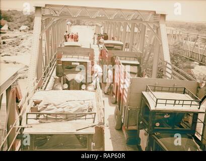 Allenby Bridge. Trucks on either side of the bridge. 1934, Jordan. Reimagined by Gibon. Classic art with a modern reimagined Stock Photo