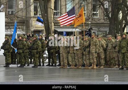 TALLINN, Estonia – Soldiers assigned to 1st Battalion, 68th Armor Regiment, 3rd Armored Brigade, 4th Infantry Division, stand in formation alongside Estonian soldiers at the Estonian Independence Day Parade in Tallinn, Estonia, Feb. 24, 2017. The 'Silver Lions' of 1-68 AR, on a training rotation in support of Operation Atlantic Resolve, showcased M1A2 Abrams tanks and M2A3 Bradley Fighting Vehicles and marched alongside host nation soldiers and NATO partners. Operation Atlantic Resolve is a U.S. led effort in Eastern Europe that demonstrates U.S. commitment to the collective security of NATO a Stock Photo