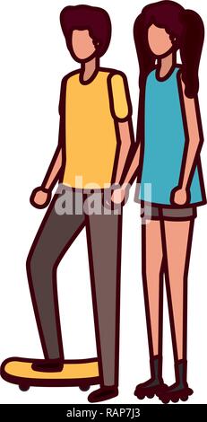 young couple with skateboard avatar character Stock Vector