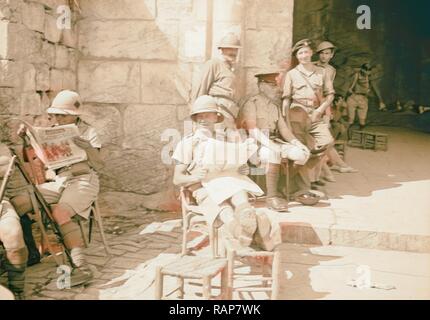 The raising of the siege of Jerusalem Typical scene of troops in Old City before the lifting of curfew. Scene of reimagined Stock Photo