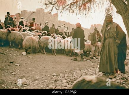 Sheep market at Herod's Gate. 1934, Jerusalem, Israel. Reimagined by Gibon. Classic art with a modern twist reimagined Stock Photo