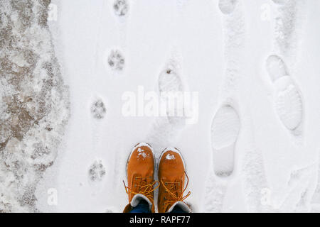 Top view of yellow shoes / boots standing on the ice near the sea. Winter season. Stock Photo