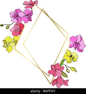 Vector Pink and yellow Orchid. Floral botanical flower. Engraved ink art. Frame golden crystal. Geometric polygon crystal mosaic shape. Stock Vector